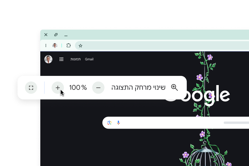 דף הבית של Google וחלון קופץ עם זום שמוגדר ל-100%